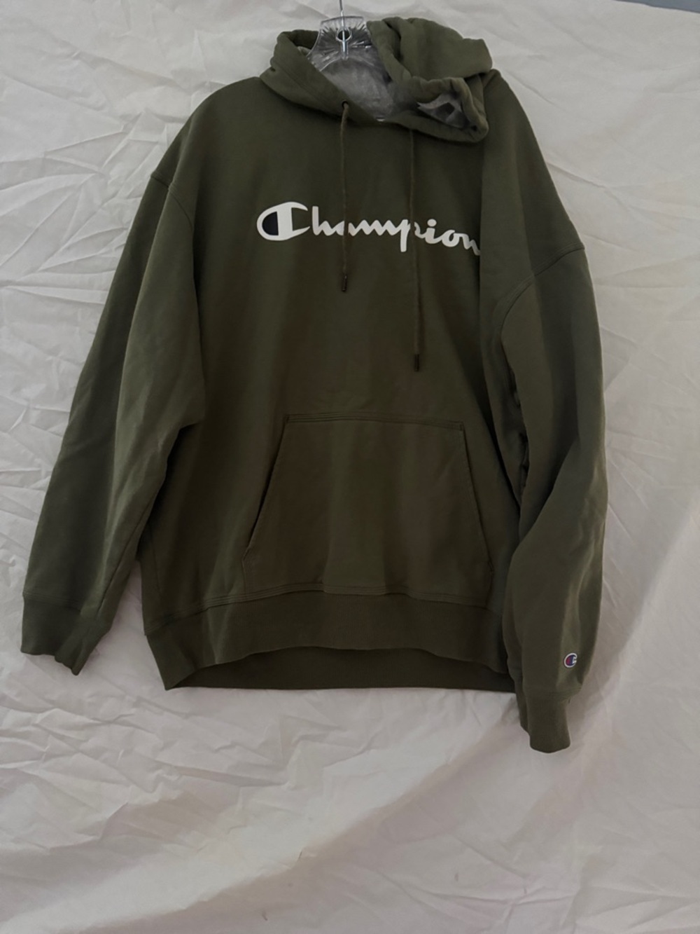 Champion Gray Hoodie with Red & Blue Trim and Logo